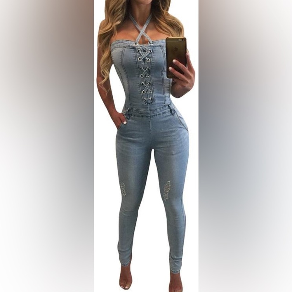 DENIM LACE-UP JUMPSUIT